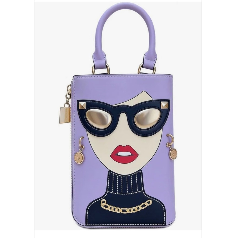 Lavender 3D Lady Face Novelty Satchel Handbag Purple Crossbody Purse Whimsical